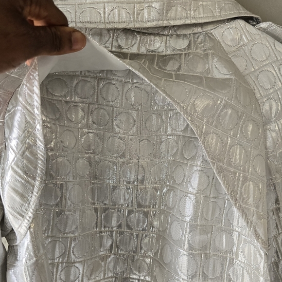 Cache Silver Jacket Women Sz M Shimmery Huge 3buttons Belted Sleveless Y2k Crop - Picture 16 of 16